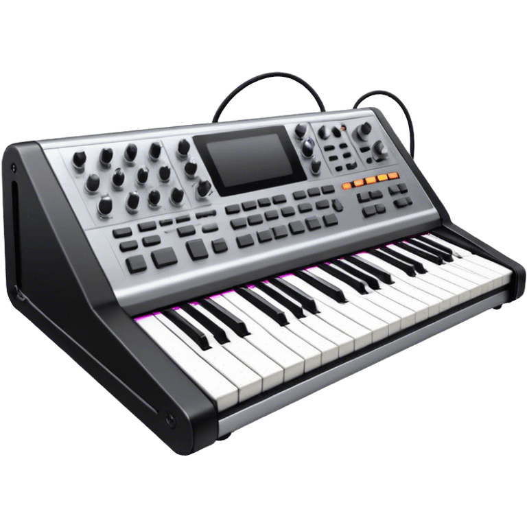 Create a professional and detailed emoji that represents sound design. The design should feature a high-end studio synthesizer, specifically a Korg synthesizer, with a mixing console and control panel, all connected with audio cables. Surround the equipment with flowing sound waves or musical notes to symbolize the creation and manipulation of sound. Use colors like metallic silver, black, and neon accents to emphasize the technical, creative nature of sound design. The background should be transparent. emoji