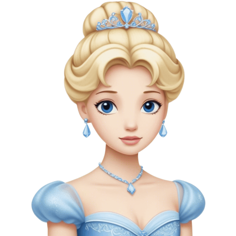 Cinematic Realistic Cinderella Portrait, depicted with lifelike porcelain skin, elegantly styled blonde hair, and a serene, graceful expression. Dressed in her classic ball gown with intricately detailed fabric textures and delicate pastel hues that catch soft, natural lighting, this portrait captures the timeless beauty of a fairy tale princess. emoji