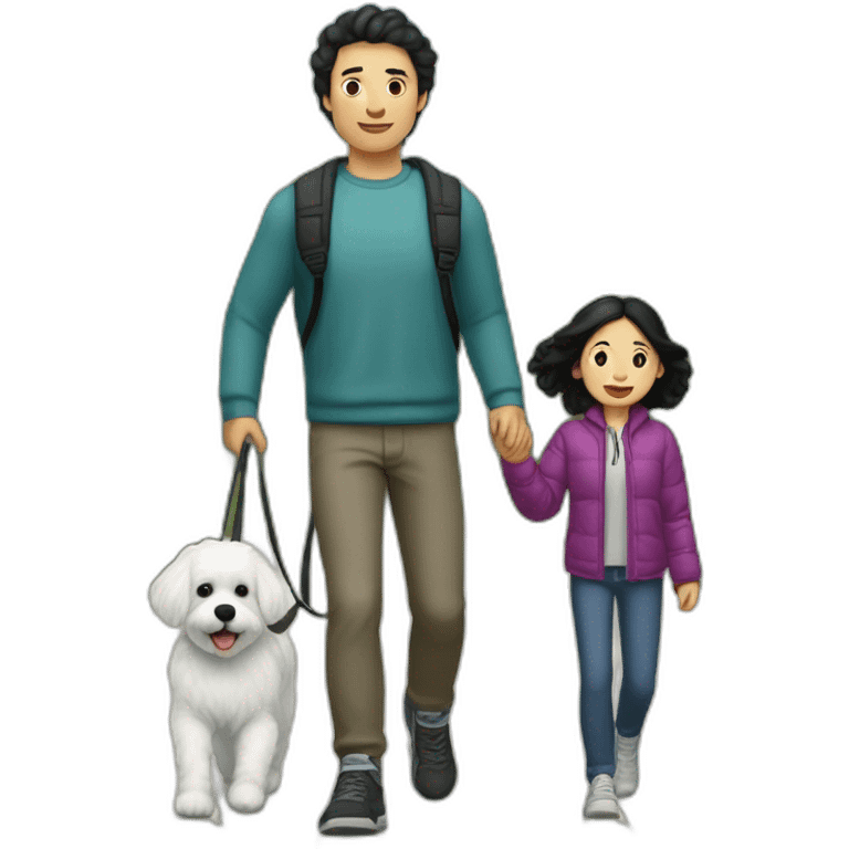 a 32-year-old man with pale skin and black hair going for a walk with a female 9-year-old Bichón Frisé dog. emoji