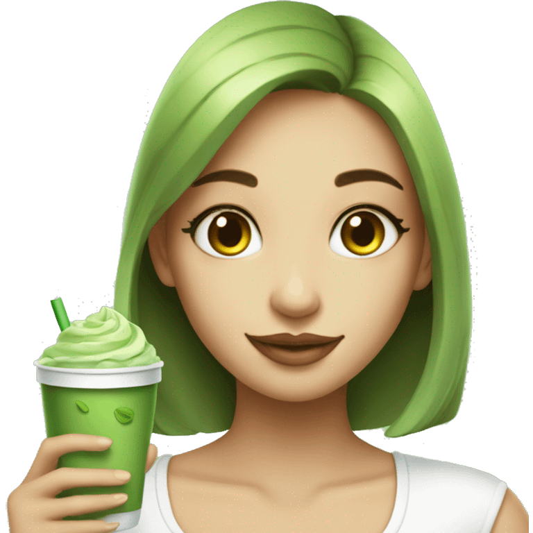 Beautiful girl holding cup of iced matcha  emoji