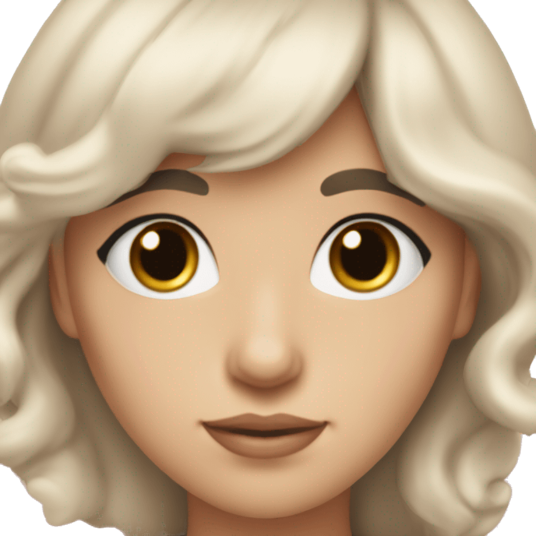 White woman with long black curly hair and bangs and dark brown eyes, wearing a pastel pink dress emoji