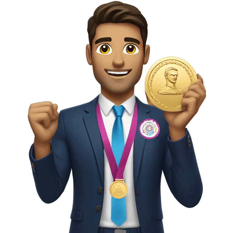 Handsome brunette man triumphantly holding a Olympic gold medal emoji