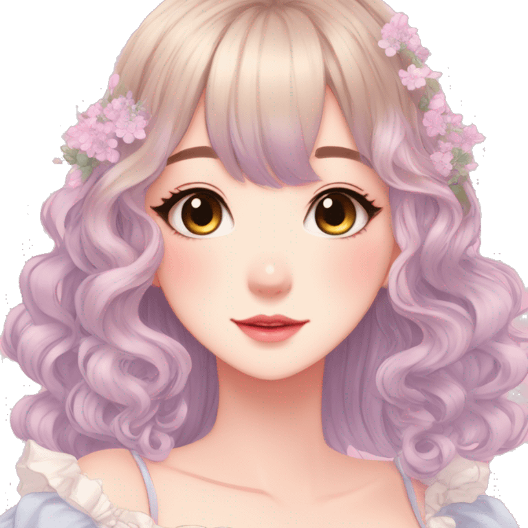 gorgeous pretty attractive anime lady beautiful hair with gorgeous dress fairycore cottagecore pastelcore detailed high quality trending VOGUE aesthetic emoji