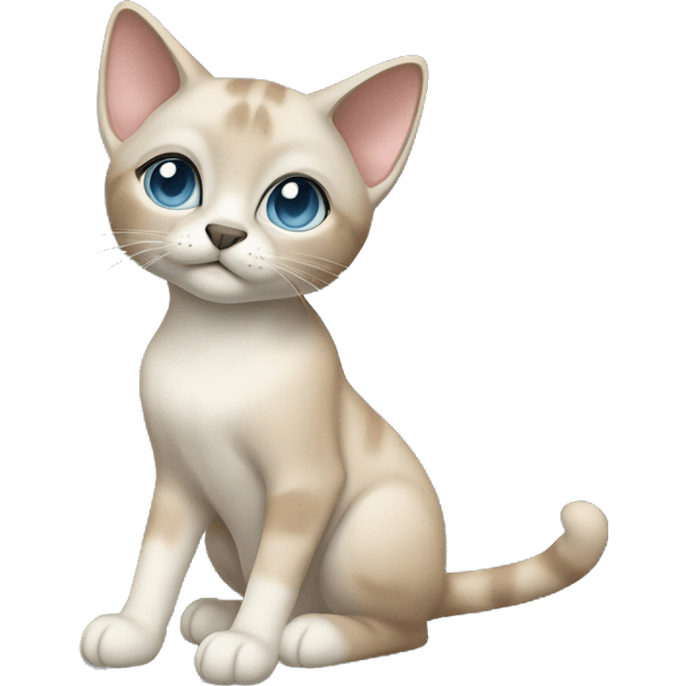 Thai breed adult cat with a light cream-brown body, dark gray nose and face, ears, and paws. sharp ears, and striking light blue eyes  emoji