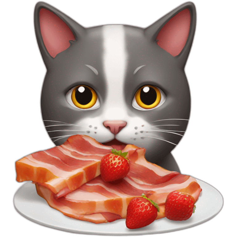 cat eating bacon with strawberry emoji