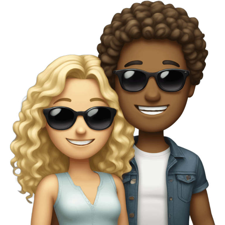 happy long curly hair brunette boy in sunglasses and happy blonde girl emoji