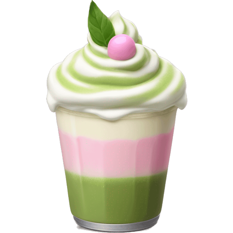 matcha latte with small dollop of pink whipped cream on top. no straw or handle  emoji