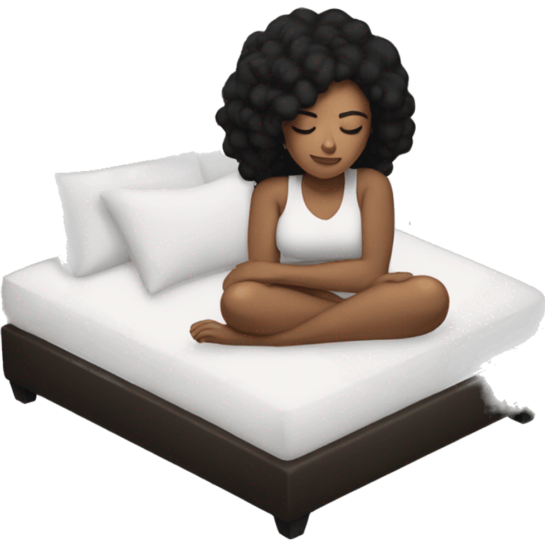 Sleeping woman with light brown skin and black hair laying on white pillow in large bed with black covers cozy emoji