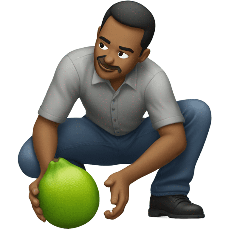 The same man bending down to pick up fallen limes on the floor . emoji