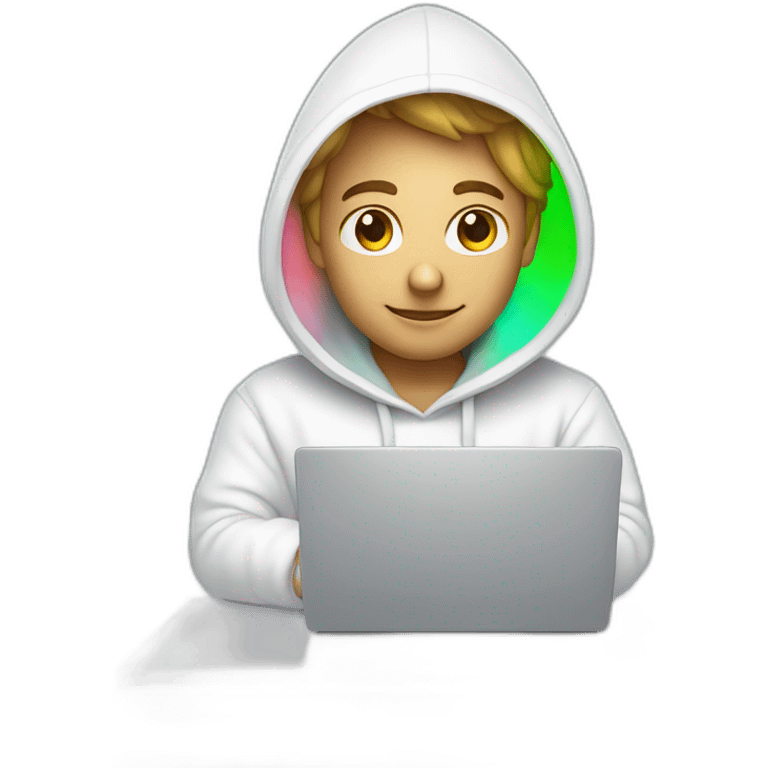 developer using white hoodie at computer iridescent light emoji