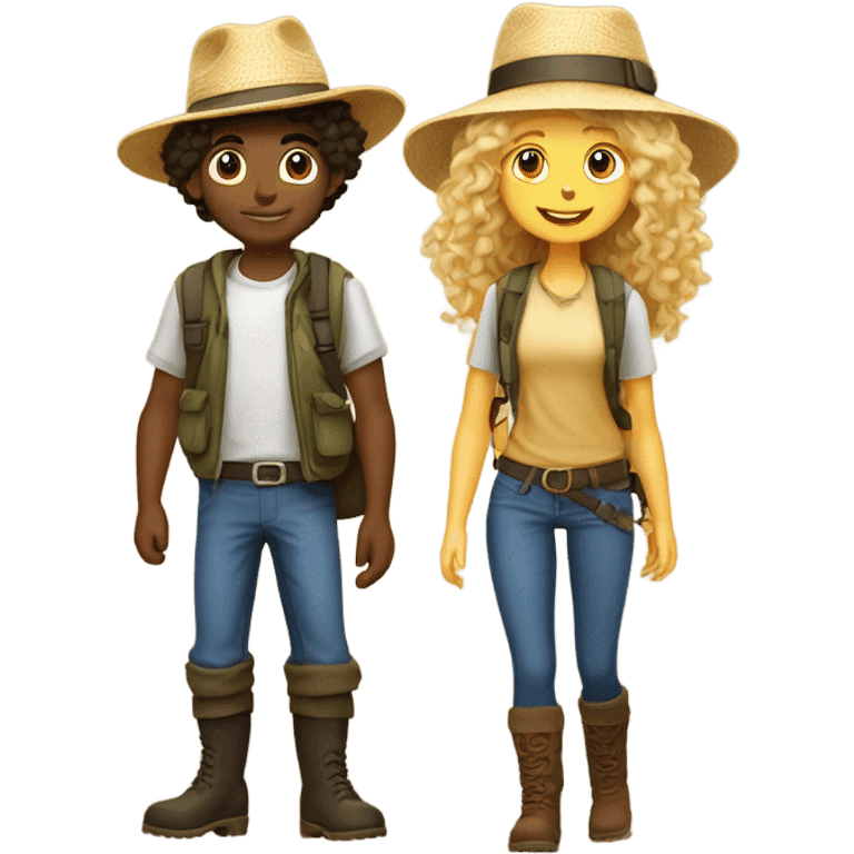 A short blonde long-haired girl in a hat and a curly-haired boy in a hat and boots hike in the Canary Islands emoji