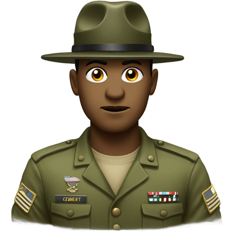 commanding drill sergeant character wearing a classic sergeant hat and a camouflage army shirt. The character should have an intense expression, exuding authority emoji