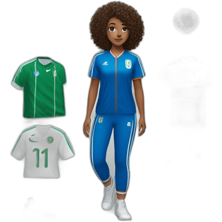 girl curly hair and a Algeria jersey and jogging blue, Nike blazer blue and swoosh blue who says goodbye emoji