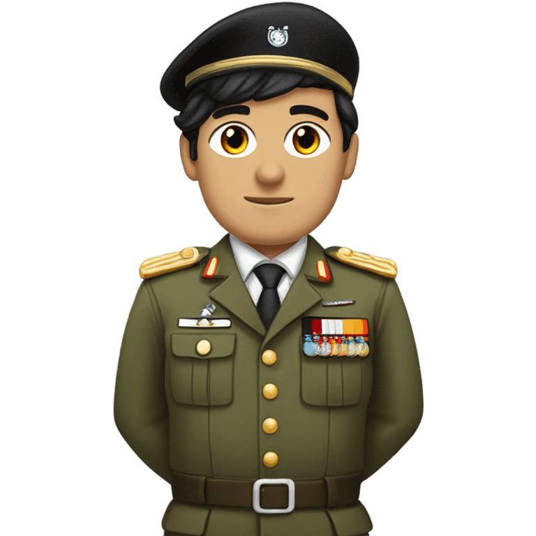 Man with black hair  in a military uniform but without hat and with a moustache and side-swept bangs and with his right hand raised up.And with white skin and Germany flag emoji