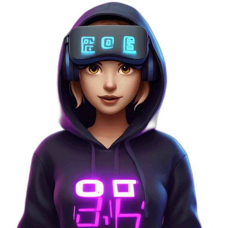 Create a 3D model of a Russian girl wearing a black hoodie with "OMG" letters on it and VR headset in a cyberpunk VR environment with violet neon lighting. emoji