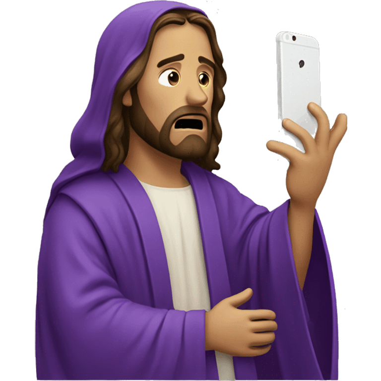 Jesus in purple robe crying about dead phone emoji