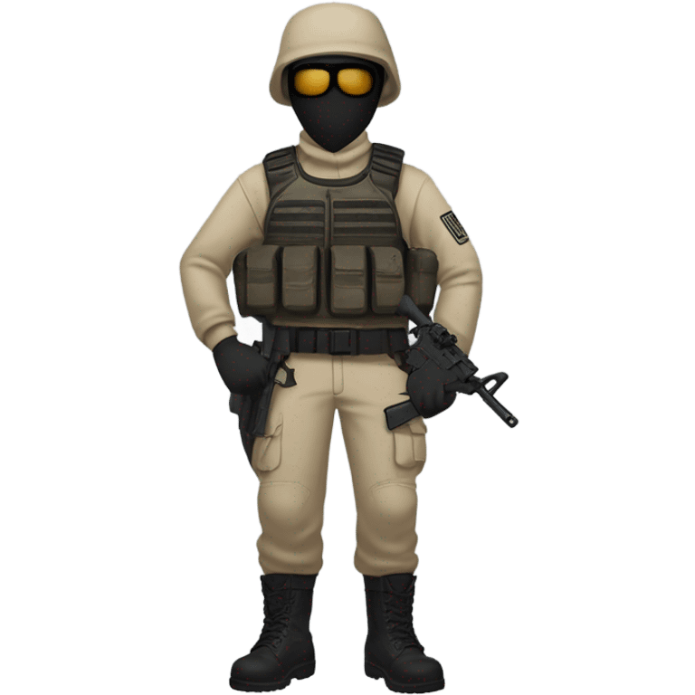 White male, call of duty mask, tan tactical gear, tan pants, combat boots, black beanie, blue eyes, no glasses emoji