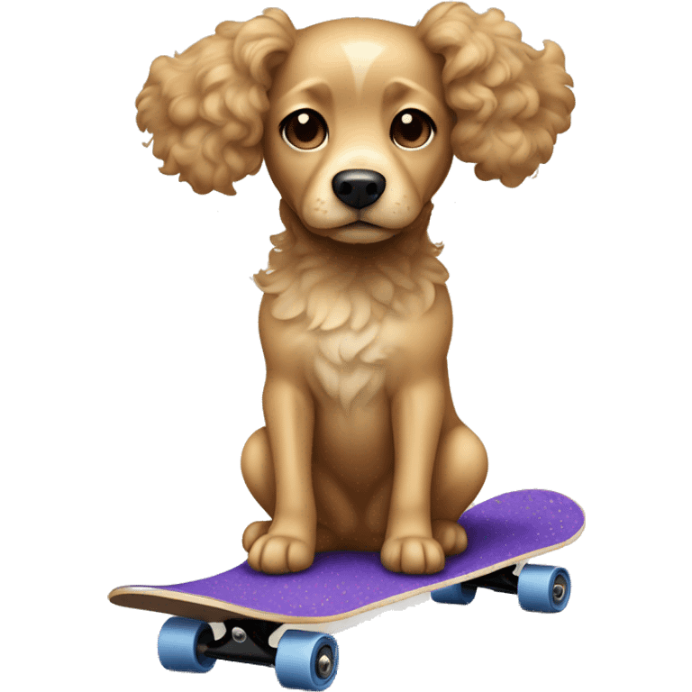 dog with light tan curly short fur, very very long ears down. dark brown eyes, mouth closed. on a skateboard emoji