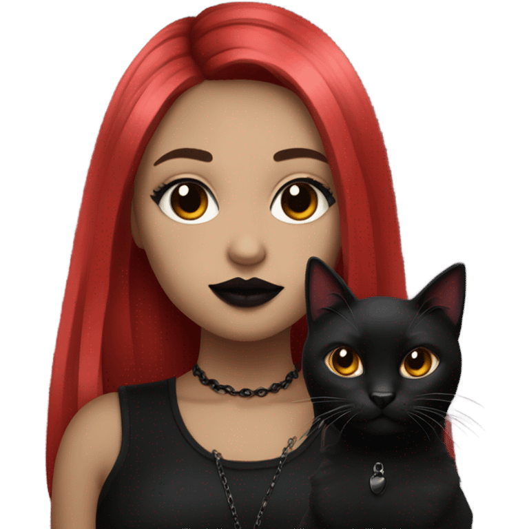 goth girl with hair that goes ombré red to black and red lipstick holding a black cat emoji