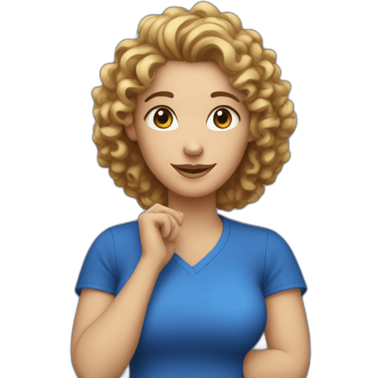 white woman-designer with curly hair, wears blue t-shirt shows heart with her hands emoji