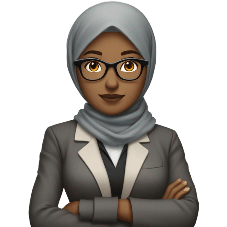 half-body career woman wearing a hijab with arms crossed over her chest with glasses, medium skintone, wearing a blazer and gray hijab emoji