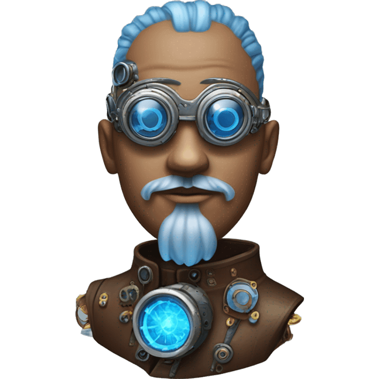 Brown shaved male cyborg head with blue beard, silver steampunk monocle goggles and circuits emoji