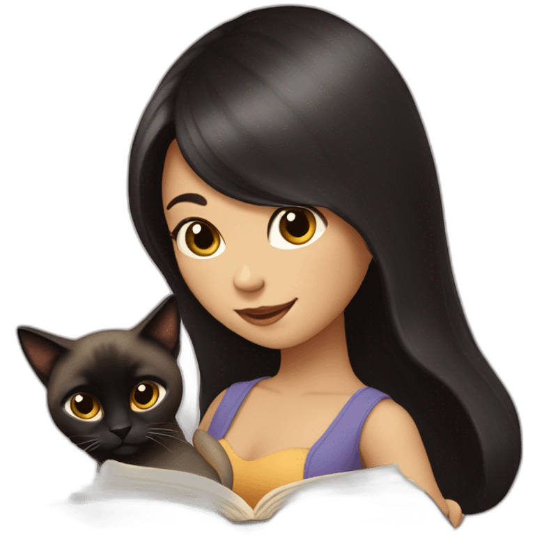 long dark hair lady, reading a book, and siamese cat is around emoji