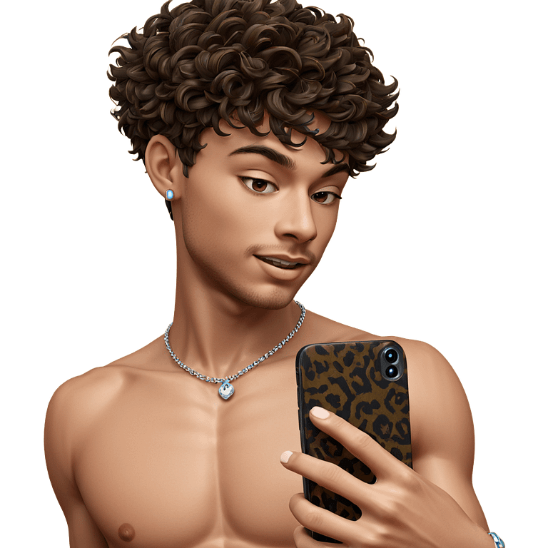 topless boy with jewelry and phone emoji