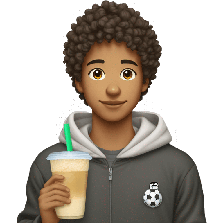 15 year old boy. Olive skin, curly hair, soccer player. Wearing a hoodie and fit. Drinking boba tea emoji