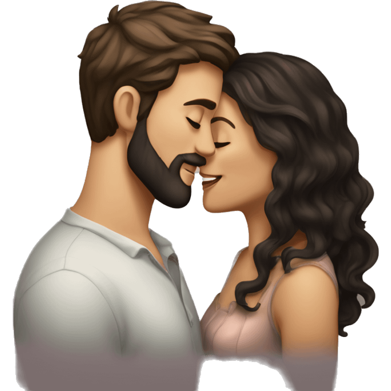 Beautiful fair woman with dark long wavy hair kissing tall handsome fair man with dark beard and short wavy hair emoji