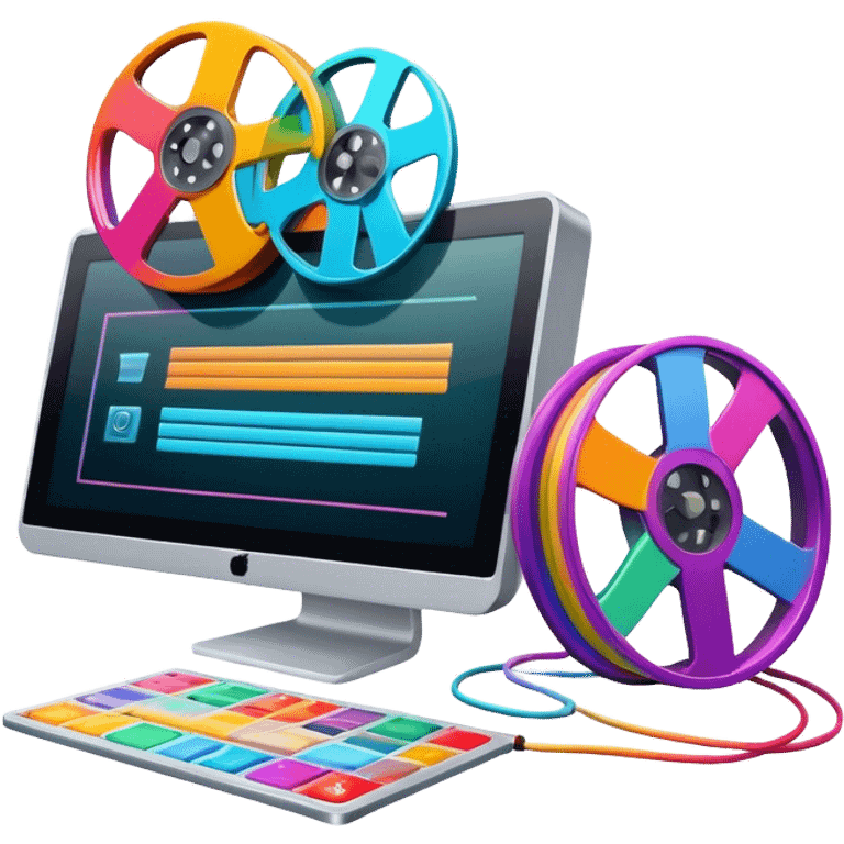 a vibrant and modern icon representing Animation and Motion Design, featuring elements like a film reel, a computer screen displaying animation, dynamic motion lines, and a cinematographic film strip on an editing table. colorful, and dynamic, without any emojis. The background  transparent. emoji