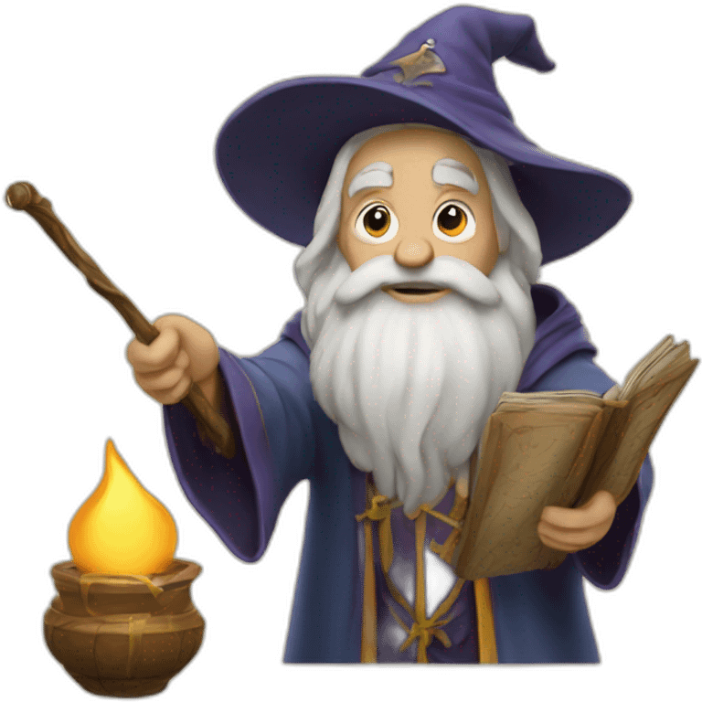 wizard reling a story by using his wand emoji