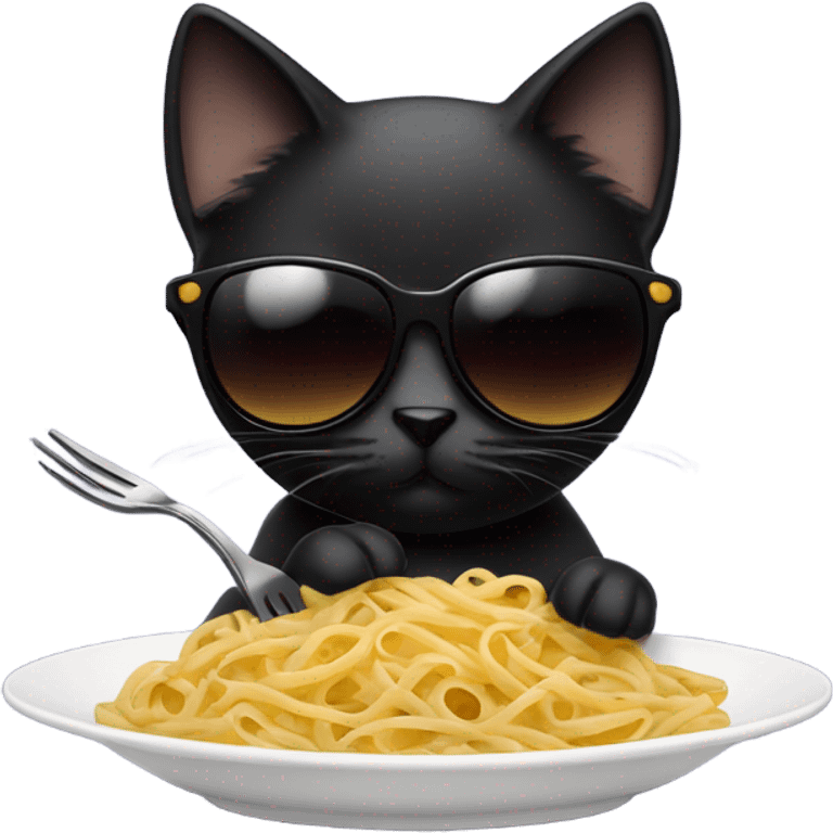 Black cat wearing aviators eating pasta with a fork emoji