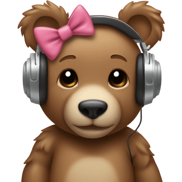 a cute teddy bear with headphones on an dthe headphones have little bows hanging on each side of th eheadphop emoji