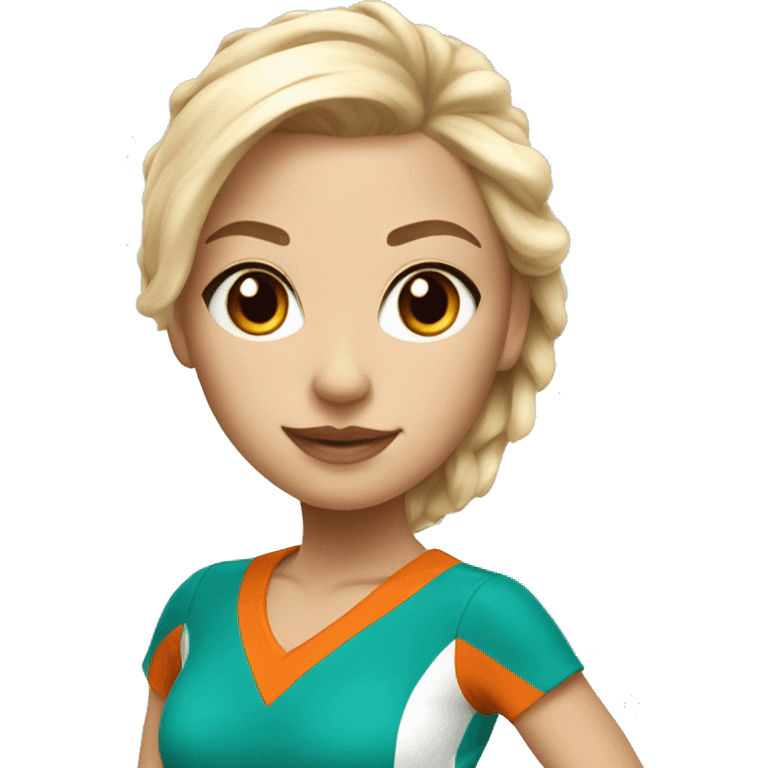 Blonde cheerleader with teal and orange uniform, brown eyes, white skin emoji