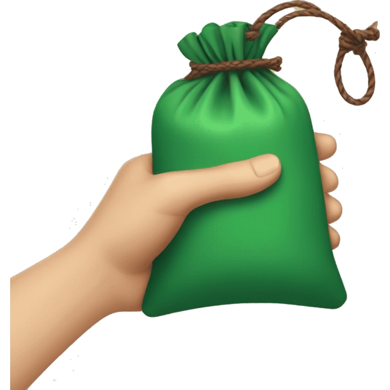 hand holding up a green pouch that is tied with brown string emoji