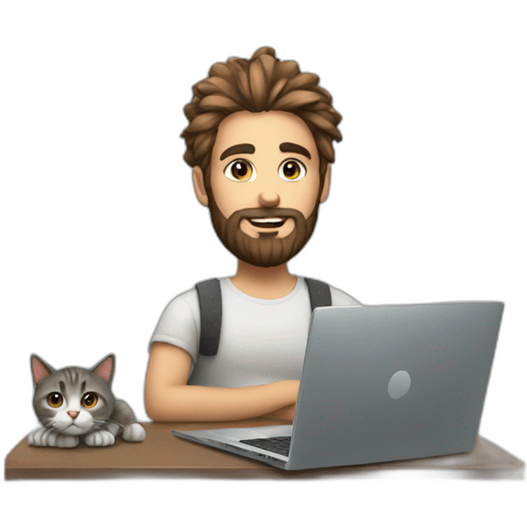 Bearded Dev with hair bun, laptop and cat emoji