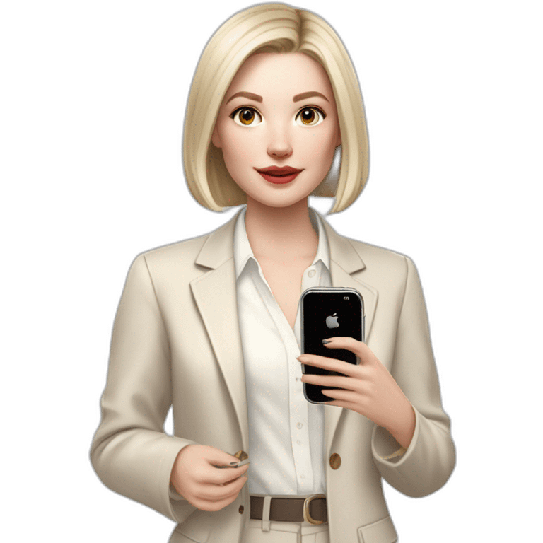 pale skin woman with ash blonde Straightened bob Hair, White Spacious classical jacket, beige palazzo Arrow pants and gray blouse holding white IPhone 14 pro in the hands emoji