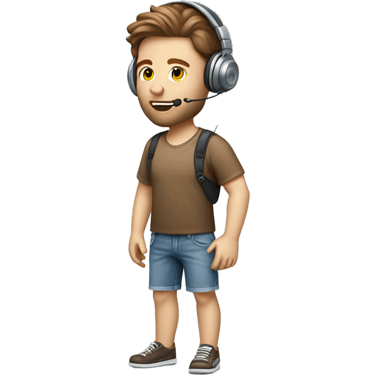 full body caucasian IT technology guy wearing jean shorts with headset and microphone and brown hair emoji