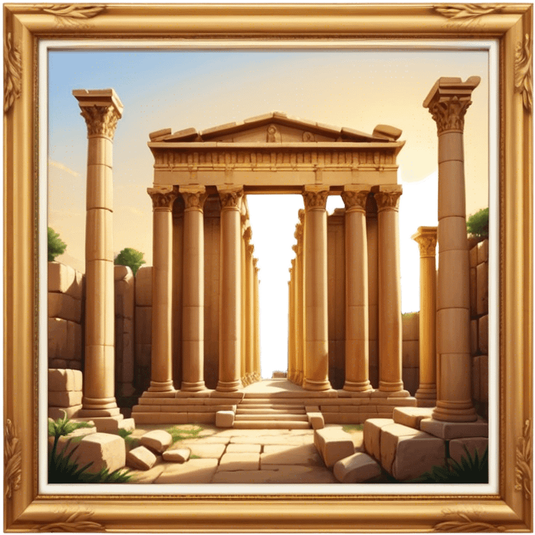 Baalbek temple – Cinematic Realistic Baalbek Temple, depicted as an ancient Roman temple complex with towering columns and intricately carved stone details, bathed in golden sunlight and dramatic shadows that evoke timeless historical grandeur. emoji