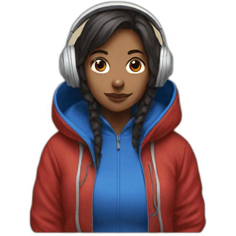 Lo-fi girl studing headphones, blue jacket, red hoodie emoji