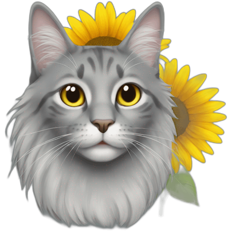 Long hair grey cat with Sunflower emoji