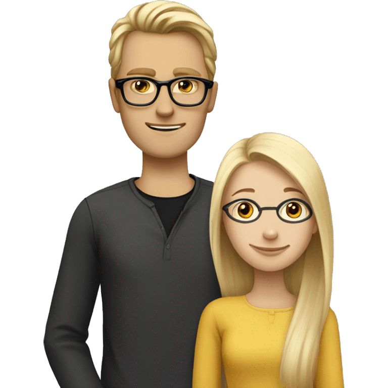 A Swedish girl with blonde long hair in a ponytail who loves an English tall skinny guy with rectangular black glasses, BROWN shoulder length  hair emoji