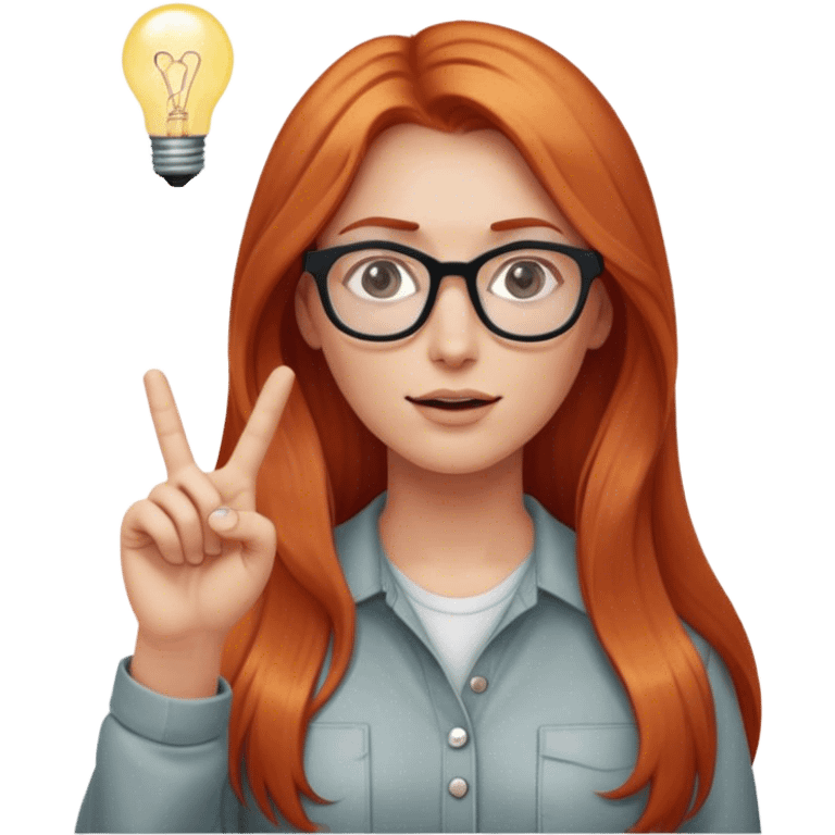 intelligent and clever, 30 year old, girl, long red-blond hair, glasses, has an idea and holds her finger in the air, light bulb over the head, casual cloth  emoji