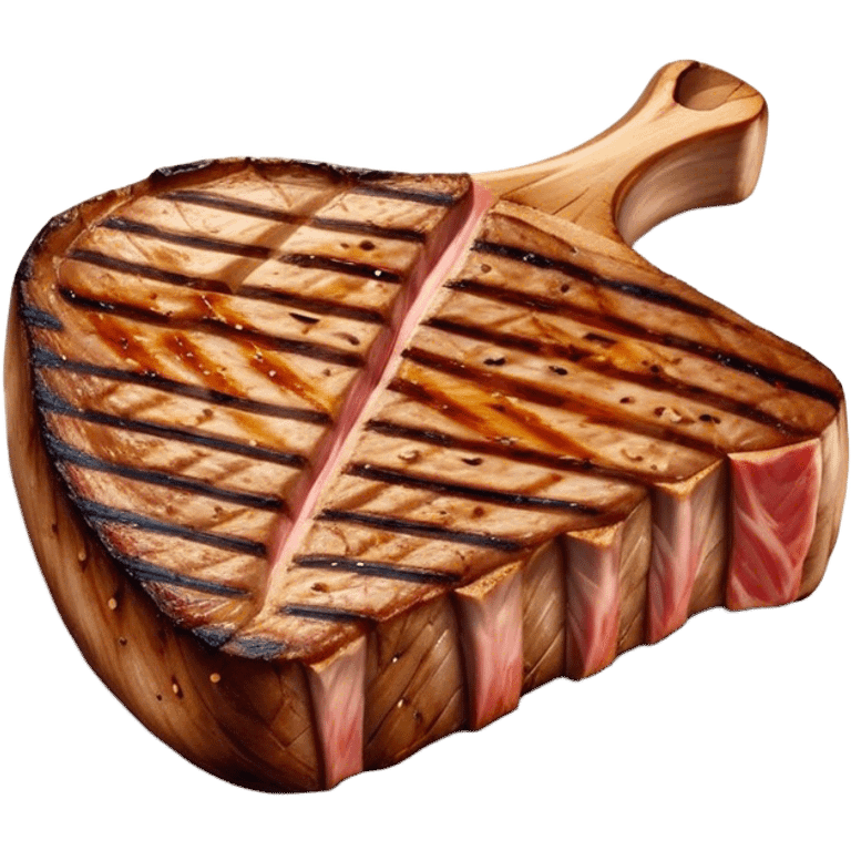 Cinematic thick-cut t-bone steak, perfectly seared with grill marks, a grilled center, rich and savory, warm glow, sizzling and mouthwatering, highly detailed and appetizing. emoji