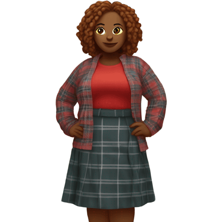 Super curvy woman is brown with red locs in a skirt with plaid sweater at yard sale emoji