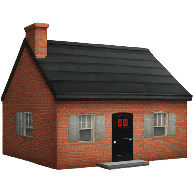 One story Small red brick house with black roof with a red door and one window  emoji