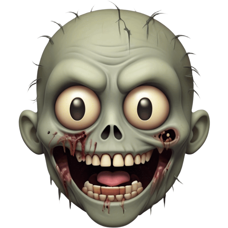 Cinematic Comical Zombie Portrait Emoji, with a grotesquely exaggerated yet playful decaying face in muted ashen tones, head cocked in a dramatically shocked expression with wildly comical, googly eyes and a gaping, silly grin revealing quirky stitches, simplified yet hilariously expressive, highly detailed with a soft eerie glowing outline capturing the absurd humor of a zombie in comic disbelief! emoji