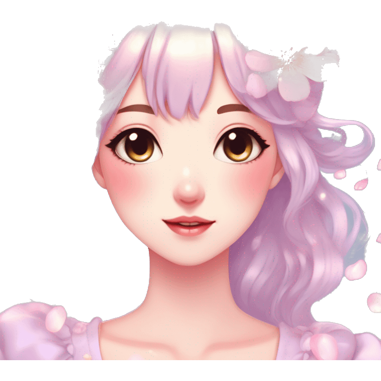 Gorgeous pastel anime style lady with blushing face and flower petals cottagecore fairycore pastelcore shiny colorful pearly petite simplistic aesthetic trending style emoji