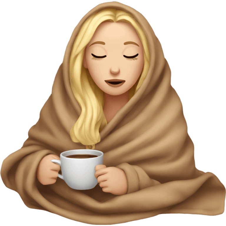 Blonde girl inside a blanket sipping coffee eyes closed emoji